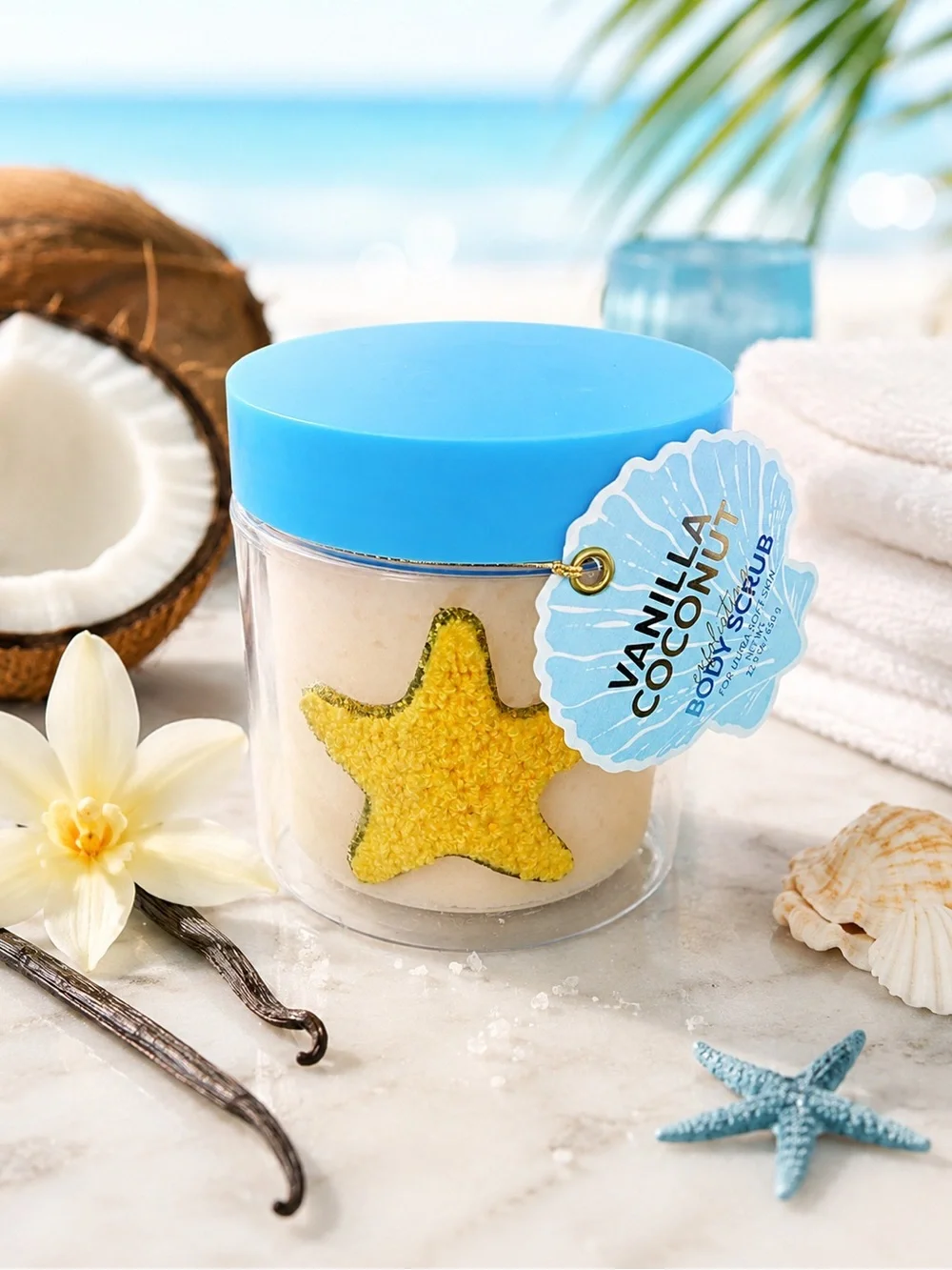 Source Unknown Vanilla Coconut Body Scrub Jar with Blue Lid and Yellow Star